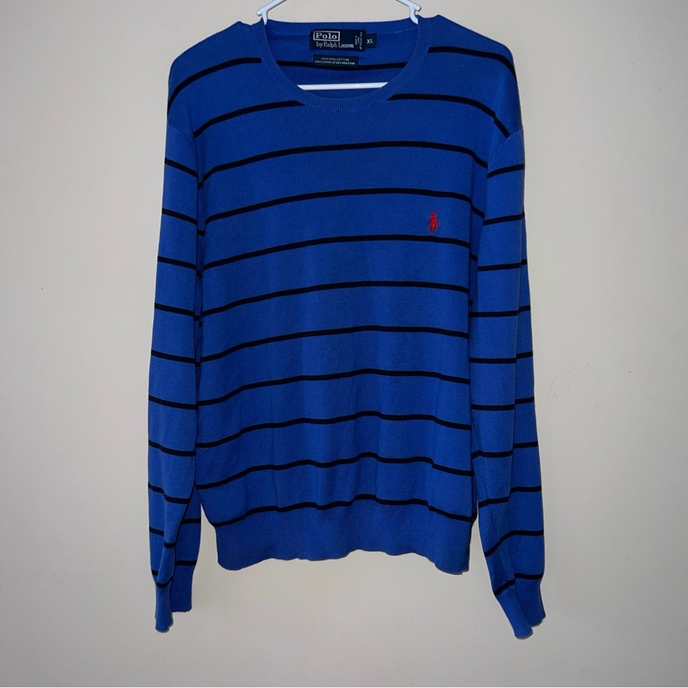 Vintage Polo Ralph Lauren Pullover Sweater Blue Striped Prima Cotton XL